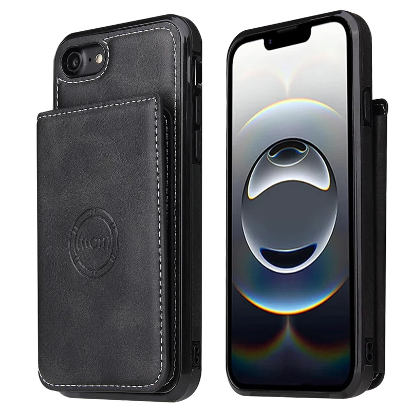 For iPhone 16e Case Card Holder Kickstand PU Leather + TPU Phone Cover - Black