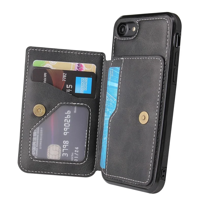 For iPhone 16e Case Card Holder Kickstand PU Leather + TPU Phone Cover - Black