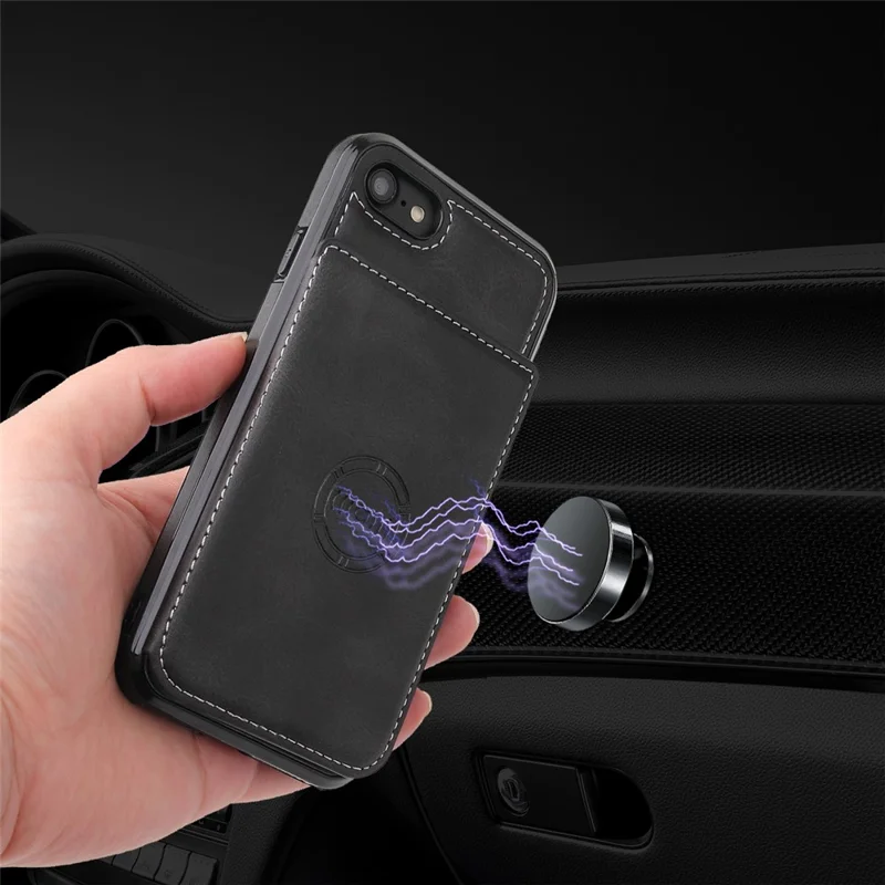 For iPhone 16e Case Card Holder Kickstand PU Leather + TPU Phone Cover - Black