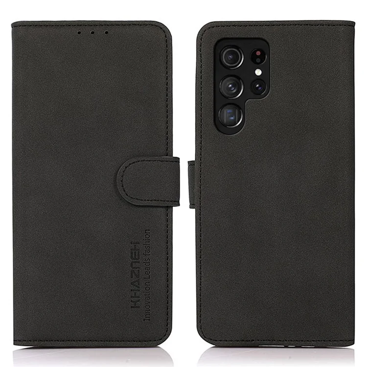 KHAZNEH Para Samsung Galaxy S23 Ultra Capa de telefone em couro PU com textura Fecho magnético Suporte dobrável Proteção total Carteira para telefone - Preto