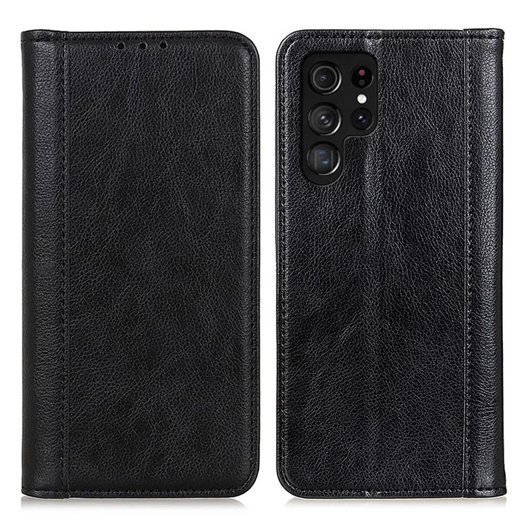 For Samsung Galaxy S23 Ultra Drop-proof Litchi Texture Phone Case Split Leather Auto Closing Magnetic Flip Wallet Cover with Stand - Black