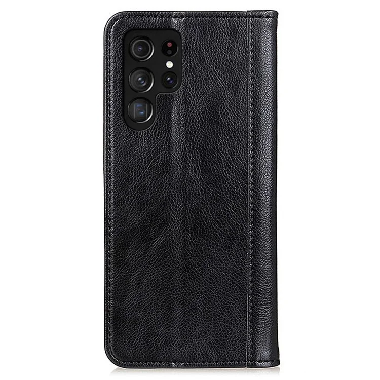 For Samsung Galaxy S23 Ultra Drop-proof Litchi Texture Phone Case Split Leather Auto Closing Magnetic Flip Wallet Cover with Stand - Black