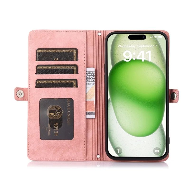 For iPhone 16 Pro Max Case Zipper Pocket 9 Card Slots PU Leather Phone Cover with Wrist Strap - Rose Gold