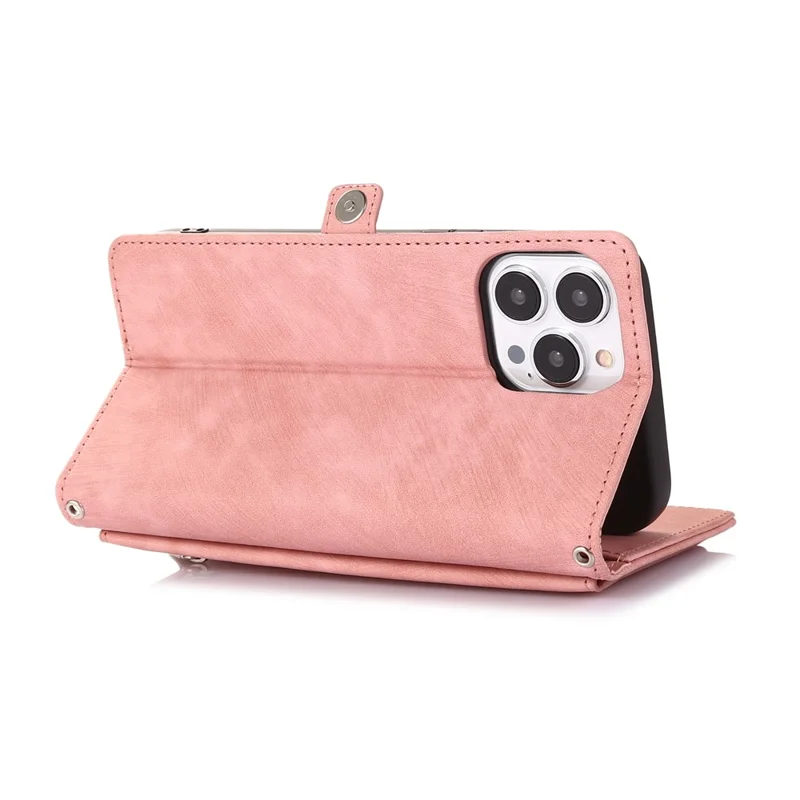 For iPhone 16 Pro Max Case Zipper Pocket 9 Card Slots PU Leather Phone Cover with Wrist Strap - Rose Gold