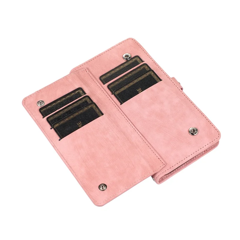 For iPhone 16 Pro Max Case Zipper Pocket 9 Card Slots PU Leather Phone Cover with Wrist Strap - Rose Gold