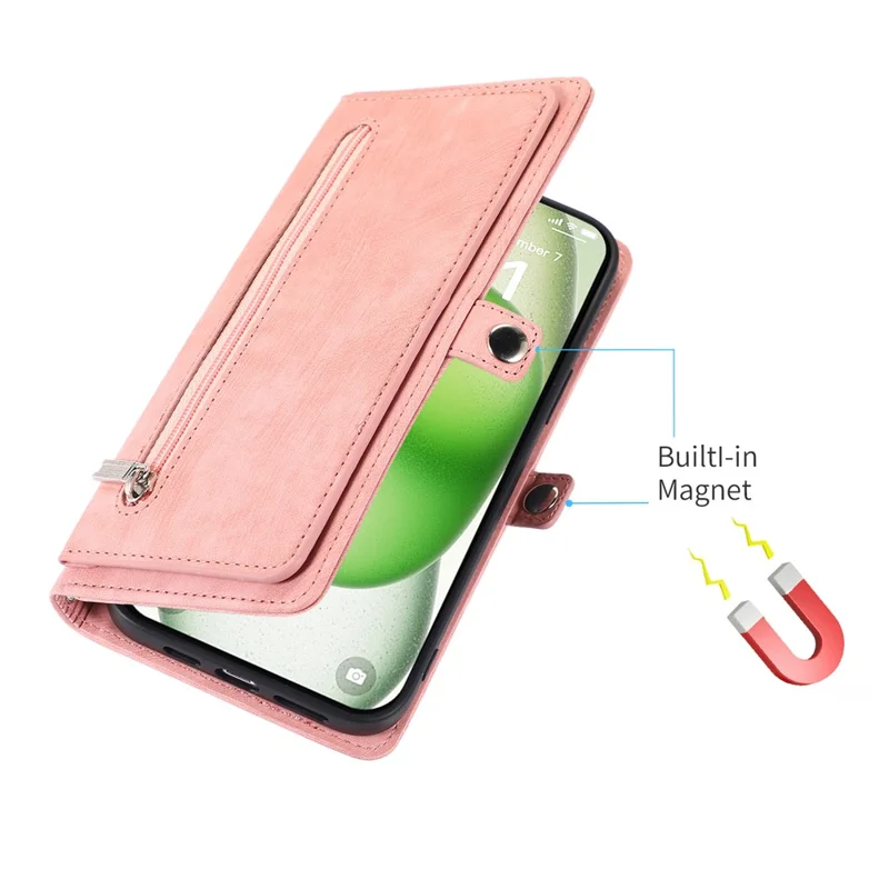 For iPhone 16 Pro Max Case Zipper Pocket 9 Card Slots PU Leather Phone Cover with Wrist Strap - Rose Gold