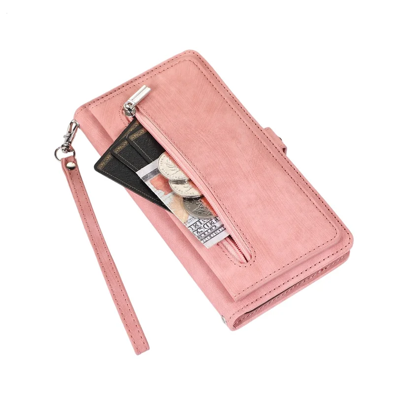 For iPhone 16 Pro Max Case Zipper Pocket 9 Card Slots PU Leather Phone Cover with Wrist Strap - Rose Gold