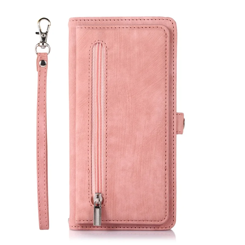 For iPhone 16 Pro Max Case Zipper Pocket 9 Card Slots PU Leather Phone Cover with Wrist Strap - Rose Gold