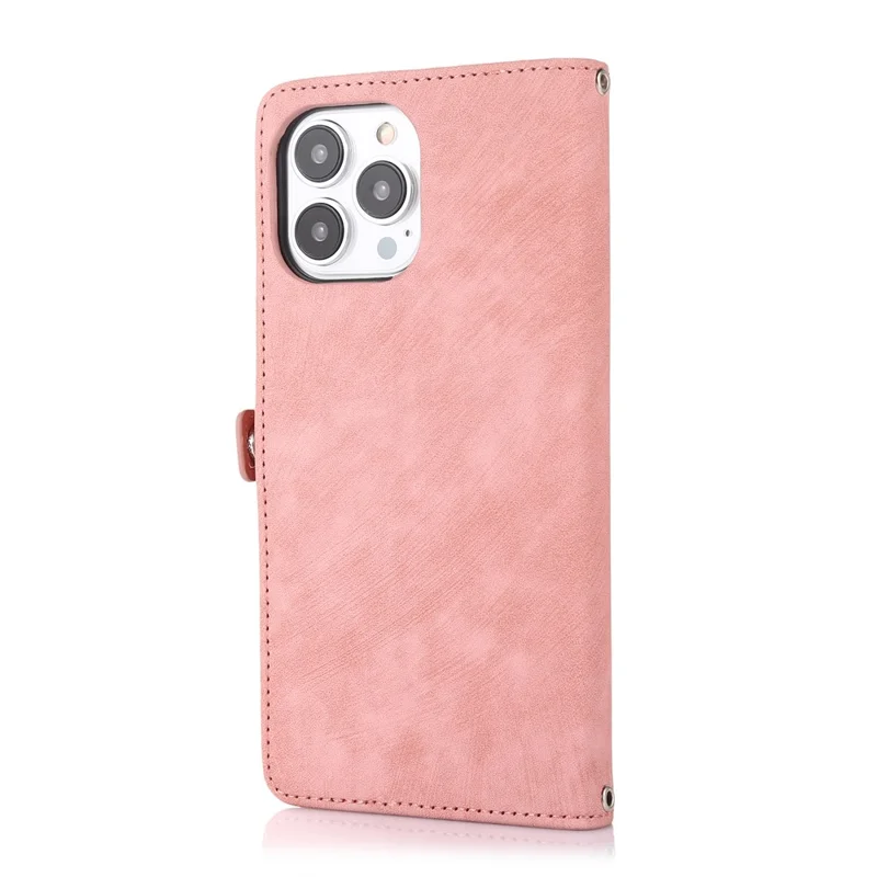 For iPhone 16 Pro Max Case Zipper Pocket 9 Card Slots PU Leather Phone Cover with Wrist Strap - Rose Gold