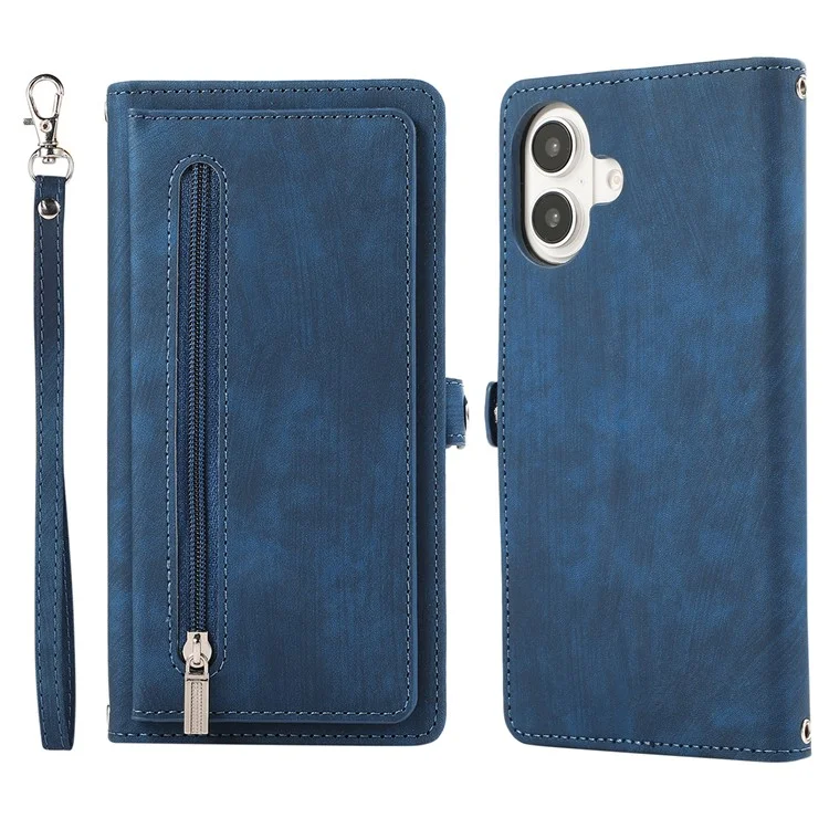 For iPhone 16 Case Zipper Pocket 9 Card Slots PU Leather Phone Cover with Wrist Strap - Blue