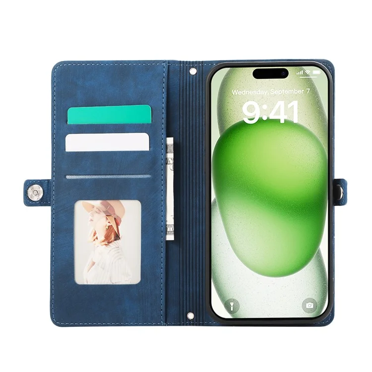 For iPhone 16 Case Zipper Pocket 9 Card Slots PU Leather Phone Cover with Wrist Strap - Blue