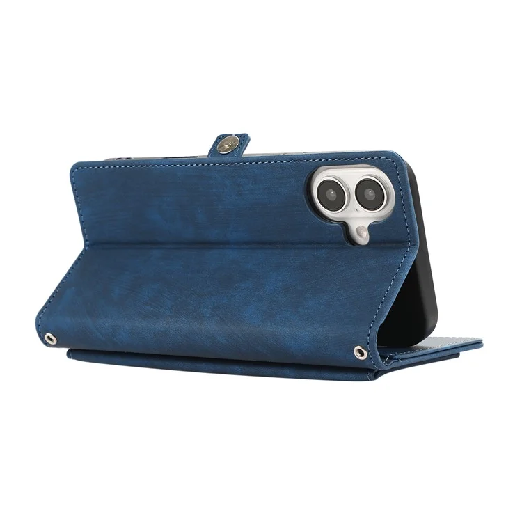 For iPhone 16 Case Zipper Pocket 9 Card Slots PU Leather Phone Cover with Wrist Strap - Blue