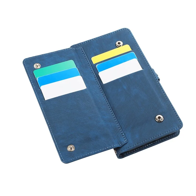 For iPhone 16 Case Zipper Pocket 9 Card Slots PU Leather Phone Cover with Wrist Strap - Blue