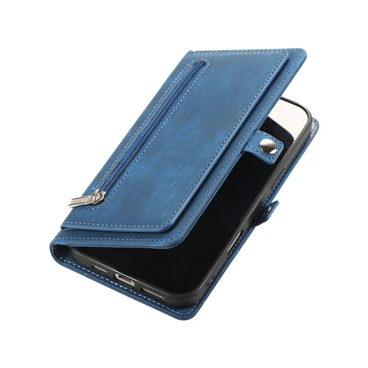 For iPhone 16 Case Zipper Pocket 9 Card Slots PU Leather Phone Cover with Wrist Strap - Blue