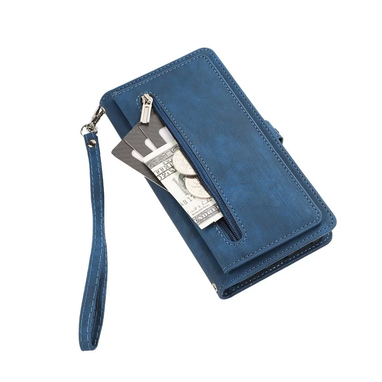 For iPhone 16 Case Zipper Pocket 9 Card Slots PU Leather Phone Cover with Wrist Strap - Blue