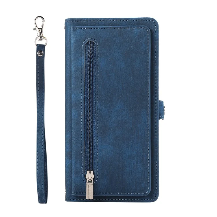For iPhone 16 Case Zipper Pocket 9 Card Slots PU Leather Phone Cover with Wrist Strap - Blue