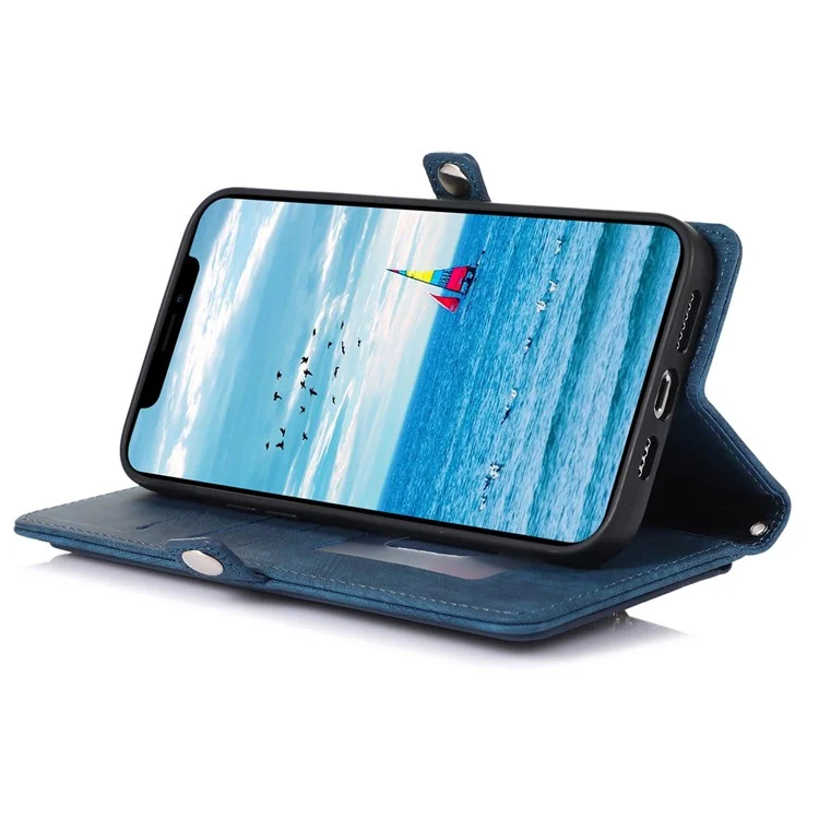 For iPhone 15 Case Zipper Pocket 9 Card Slots PU Leather Phone Cover with Wrist Strap - Blue