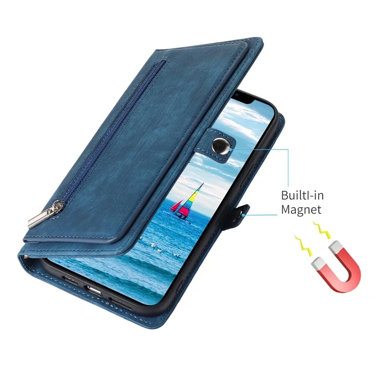 For iPhone 15 Case Zipper Pocket 9 Card Slots PU Leather Phone Cover with Wrist Strap - Blue