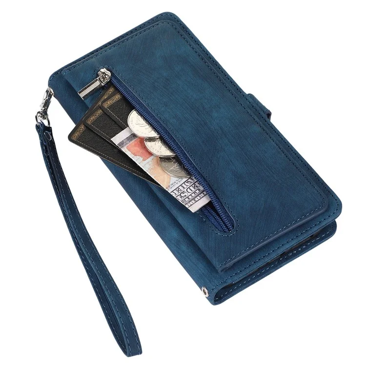 For iPhone 15 Case Zipper Pocket 9 Card Slots PU Leather Phone Cover with Wrist Strap - Blue