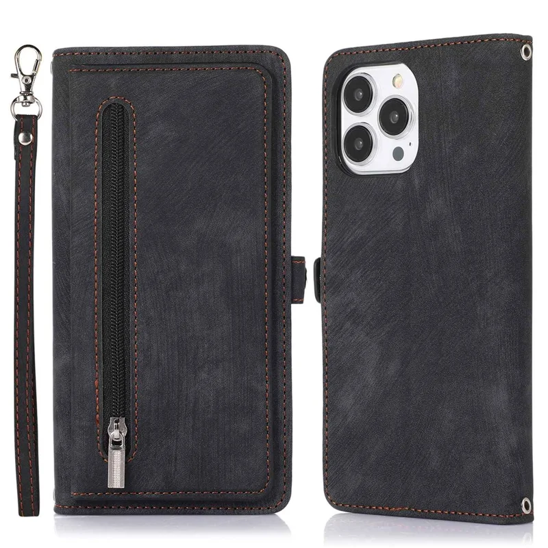 Étui pour iPhone 15 Pro Max avec Pochette à Fermeture Éclair, 9 Emplacements pour Cartes, Cuir PU avec Dragonne - Noir