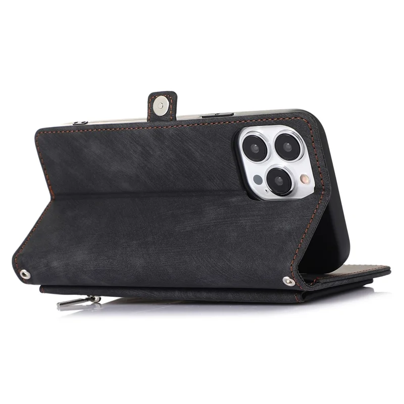 Étui pour iPhone 15 Pro Max avec Pochette à Fermeture Éclair, 9 Emplacements pour Cartes, Cuir PU avec Dragonne - Noir