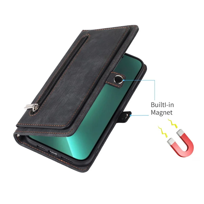 Étui pour iPhone 15 Pro Max avec Pochette à Fermeture Éclair, 9 Emplacements pour Cartes, Cuir PU avec Dragonne - Noir