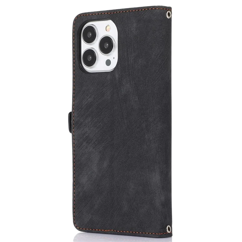 Étui pour iPhone 15 Pro Max avec Pochette à Fermeture Éclair, 9 Emplacements pour Cartes, Cuir PU avec Dragonne - Noir