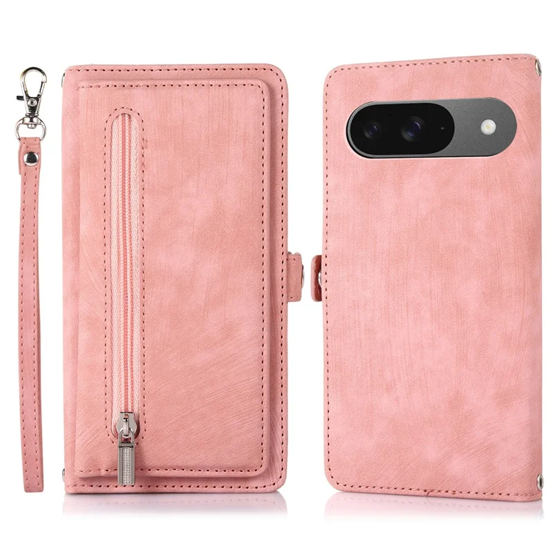 Phone Case For Google Pixel 10 / 10 Pro / 9 / 9 Pro , Zipper Pocket 9 Card Slots PU Leather Cover with Wrist Strap - Rose Gold