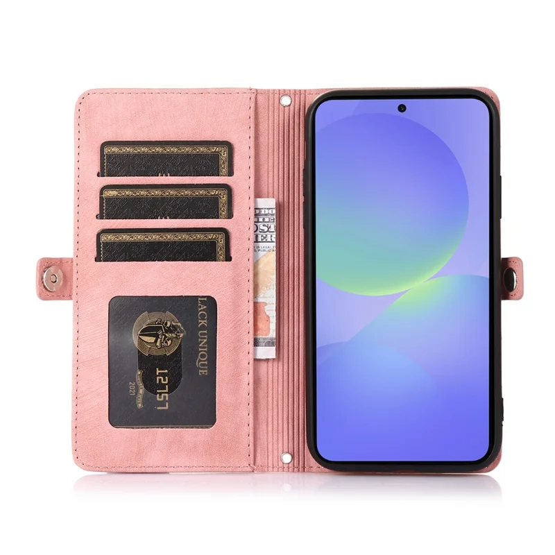 Phone Case For Google Pixel 10 / 10 Pro / 9 / 9 Pro , Zipper Pocket 9 Card Slots PU Leather Cover with Wrist Strap - Rose Gold
