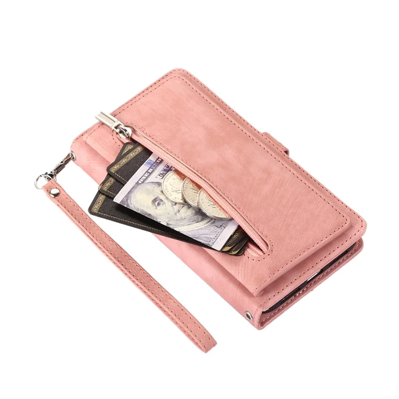 Phone Case For Google Pixel 10 / 10 Pro / 9 / 9 Pro , Zipper Pocket 9 Card Slots PU Leather Cover with Wrist Strap - Rose Gold