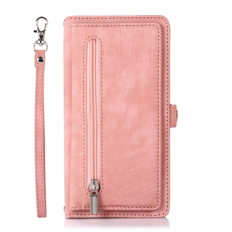 Phone Case For Google Pixel 10 / 10 Pro / 9 / 9 Pro , Zipper Pocket 9 Card Slots PU Leather Cover with Wrist Strap - Rose Gold