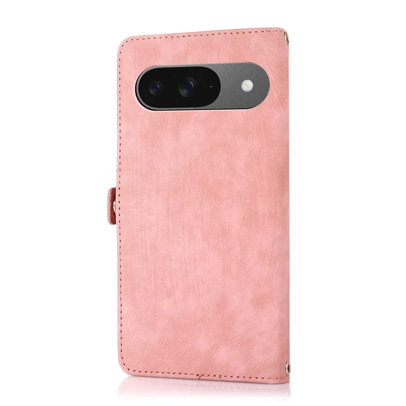 Phone Case For Google Pixel 10 / 10 Pro / 9 / 9 Pro , Zipper Pocket 9 Card Slots PU Leather Cover with Wrist Strap - Rose Gold