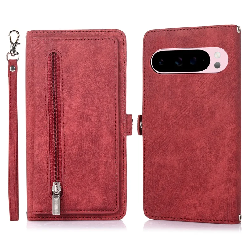 For Google Pixel 10 Pro XL / 9 Pro XL Case Zipper Pocket 9 Card Slots PU Leather Phone Cover with Wrist Strap - Red
