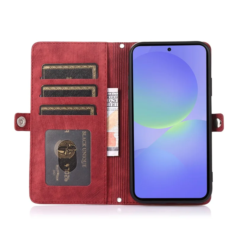 For Google Pixel 10 Pro XL / 9 Pro XL Case Zipper Pocket 9 Card Slots PU Leather Phone Cover with Wrist Strap - Red