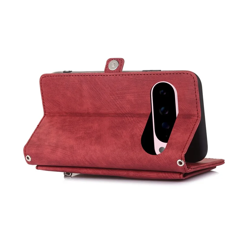 For Google Pixel 10 Pro XL / 9 Pro XL Case Zipper Pocket 9 Card Slots PU Leather Phone Cover with Wrist Strap - Red
