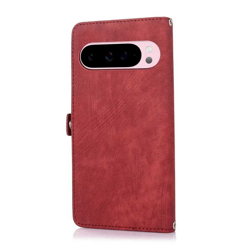 For Google Pixel 10 Pro XL / 9 Pro XL Case Zipper Pocket 9 Card Slots PU Leather Phone Cover with Wrist Strap - Red