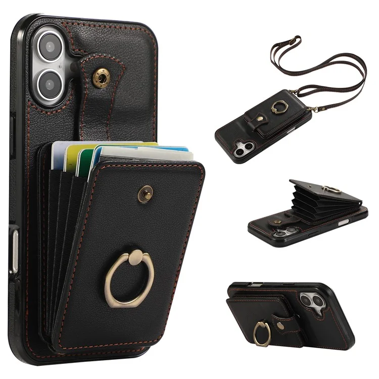For iPhone 16 Case Card Holder Ring Kickstand TPU + PU Leather Phone Cover with Long Strap - Black