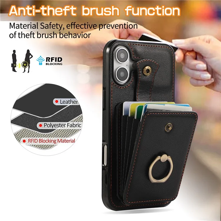 For iPhone 16 Case Card Holder Ring Kickstand TPU + PU Leather Phone Cover with Long Strap - Black