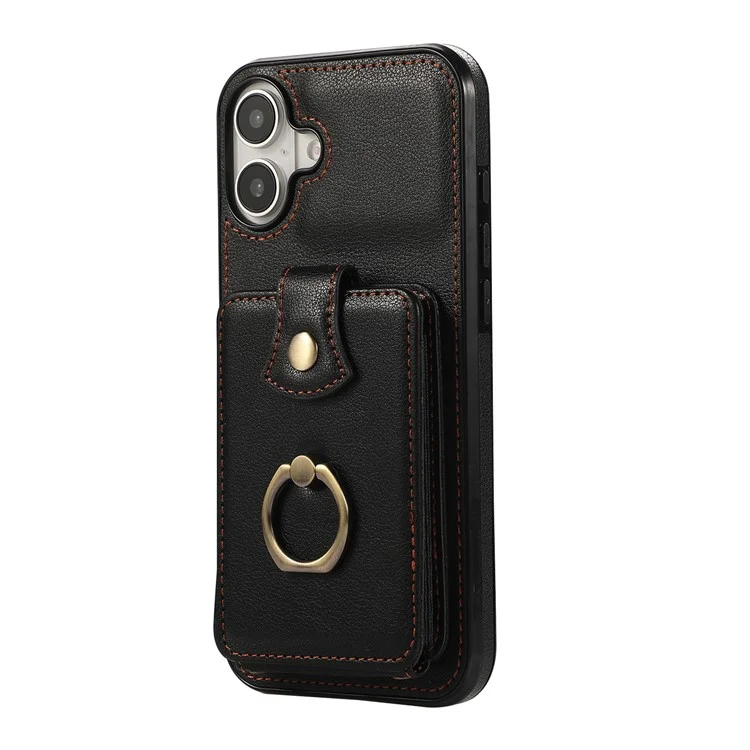 For iPhone 16 Case Card Holder Ring Kickstand TPU + PU Leather Phone Cover with Long Strap - Black