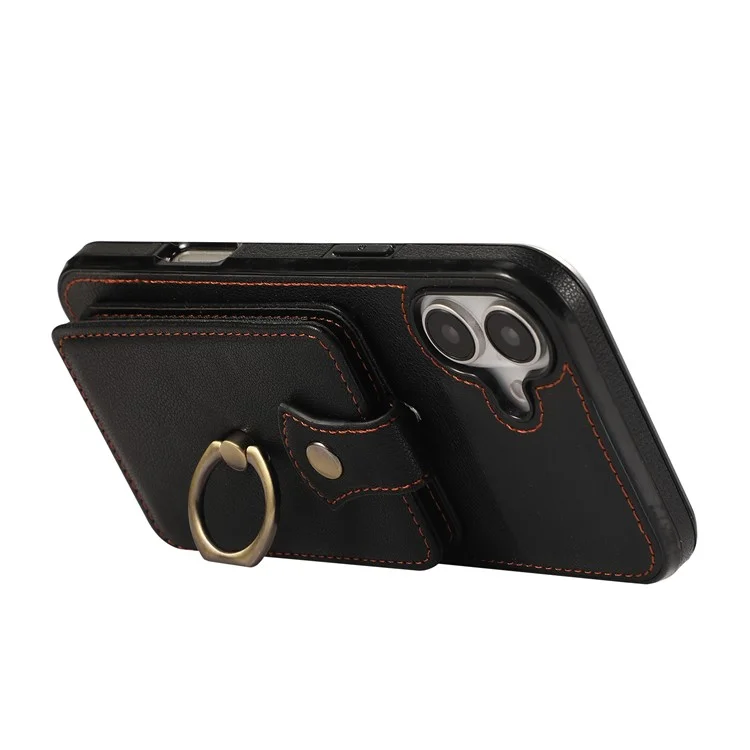 For iPhone 16 Case Card Holder Ring Kickstand TPU + PU Leather Phone Cover with Long Strap - Black