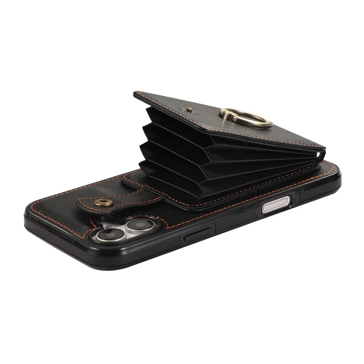 For iPhone 16 Case Card Holder Ring Kickstand TPU + PU Leather Phone Cover with Long Strap - Black