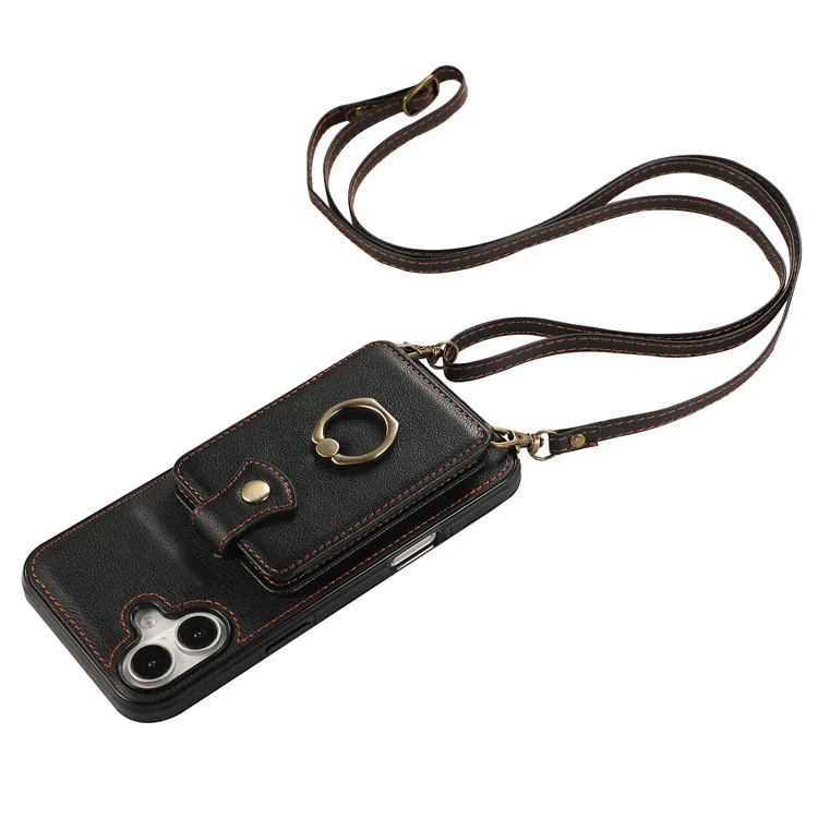 For iPhone 16 Case Card Holder Ring Kickstand TPU + PU Leather Phone Cover with Long Strap - Black
