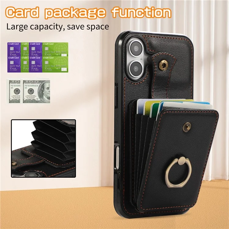 For iPhone 16 Case Card Holder Ring Kickstand TPU + PU Leather Phone Cover with Long Strap - Black