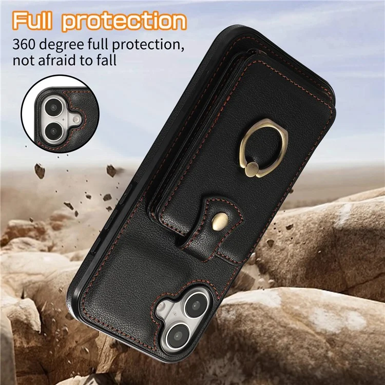 For iPhone 16 Case Card Holder Ring Kickstand TPU + PU Leather Phone Cover with Long Strap - Black