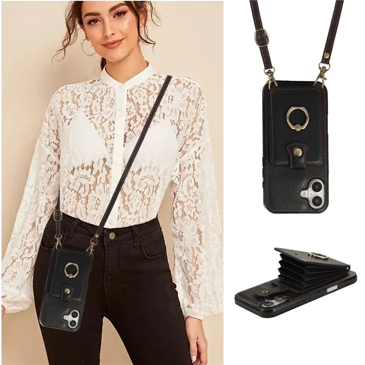 For iPhone 16 Case Card Holder Ring Kickstand TPU + PU Leather Phone Cover with Long Strap - Black