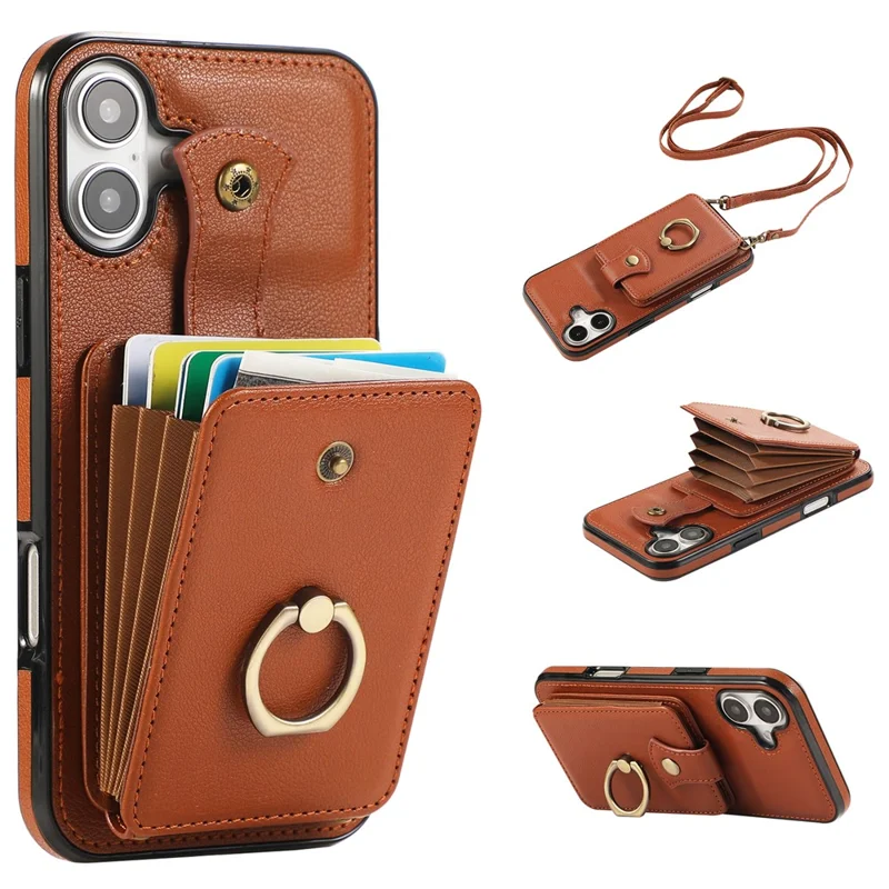 For iPhone 16 Case Card Holder Ring Kickstand TPU + PU Leather Phone Cover with Long Strap - Brown