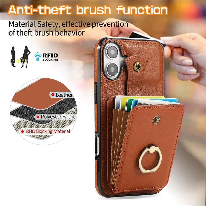 For iPhone 16 Case Card Holder Ring Kickstand TPU + PU Leather Phone Cover with Long Strap - Brown
