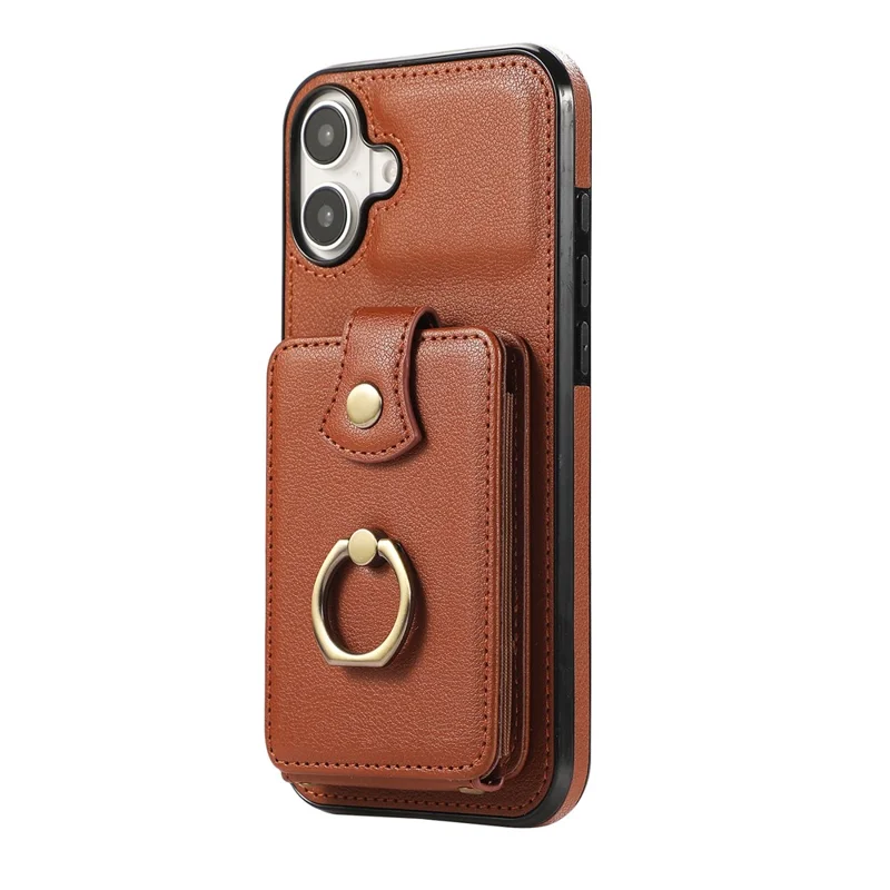 For iPhone 16 Case Card Holder Ring Kickstand TPU + PU Leather Phone Cover with Long Strap - Brown