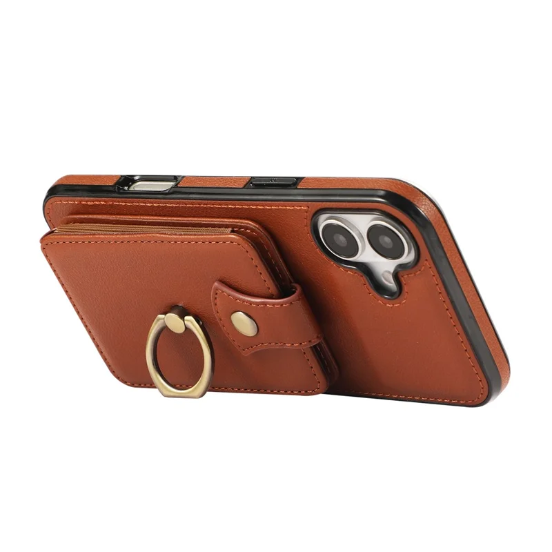 For iPhone 16 Case Card Holder Ring Kickstand TPU + PU Leather Phone Cover with Long Strap - Brown