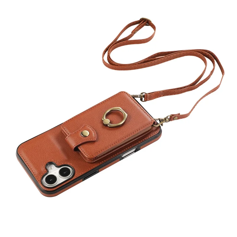 For iPhone 16 Case Card Holder Ring Kickstand TPU + PU Leather Phone Cover with Long Strap - Brown